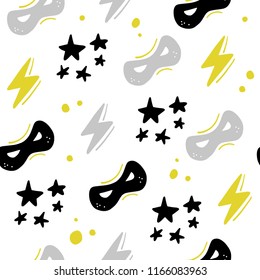 Vector seamless pattern with stars, super hero mask, lightning in hand drawn comic style. Doodling, doodle. Nursery. Good for packaging design, children's room interior decor, kid clothes prints.