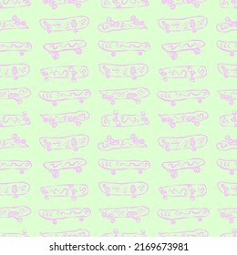 Vector seamless pattern with stateboards on a green background. Hand drawn, sports background.