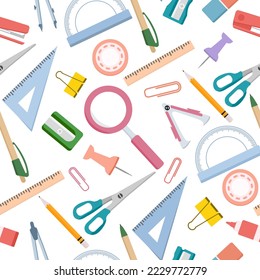 Vector seamless pattern Stationery items for school Illustration Goods for training. Back to school. Pencil Sharpener Compass Protractor Pen Scissors Ruler Magnifier Education background Chancellery