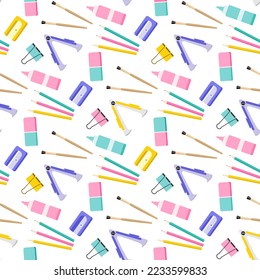 Vector seamless pattern Stationery items for school Illustration Goods for training. Back to school. Pencil Paintbrush Sharpener Staple remover Eraser Glue Paper clips Education background Chancellery