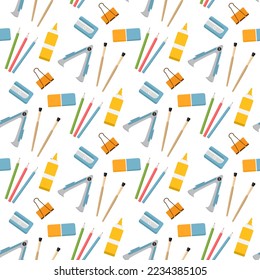 Vector seamless pattern Stationery items for school Illustration Goods for training. Back to school. Pencil Paintbrush Sharpener Staple remover Eraser Glue Paper clips Education background Chancellery