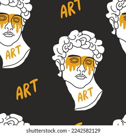 Vector seamless pattern with statue of David with color accent on black. Museum pattern. Vector illustration