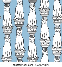 Vector seamless pattern with statues of cats. Funny hand drawn kitty illustration. Repeating design of cats on ancient columns. Great for fabric, wallpaper and wrapping paper.