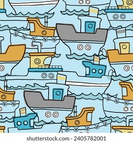 Vector seamless pattern of steamboat illustration in contour art style