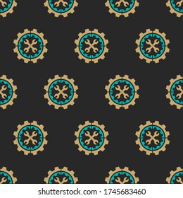 Vector seamless pattern. Steampunk concept, vintage, wrenches crossed inside gears, on dark gray background. For packaging, prints, web.