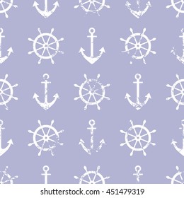 Vector seamless pattern. Steering wheel, life preserver, anchor. Creative geometric blue grunge background, nautical theme. Texture with cracks, ambrosia, scratches, attrition. Graphic illustration.  