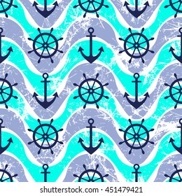 Vector seamless pattern. Steering wheel, life preserver, anchor. Creative geometric blue grunge background, nautical theme. Texture with cracks, ambrosia, scratches, attrition. Graphic illustration.  
