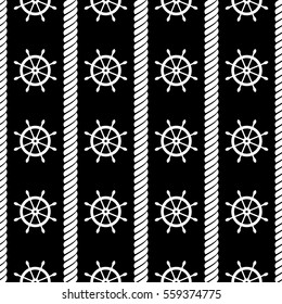 Vector seamless pattern with steering wheel and rope. Creative geometric symmetrical background, nautical theme. Graphic illustration. Black and white.