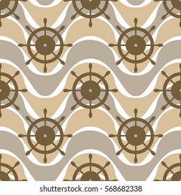 Vector seamless pattern with steering wheel. Symmetrical background, nautical theme. Graphic illustration.Template for wrapping, backgrounds, fabric, prints, decor, surface.