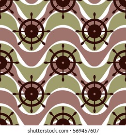 Vector seamless pattern with steering wheel. Symmetrical background, nautical theme. Graphic illustration.Template for wrapping, backgrounds, fabric, prints, decor, surface