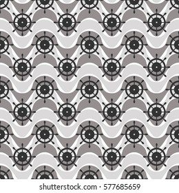 Vector seamless pattern with steering wheel, waves. Symmetrical grey background, nautical theme. Graphic illustration. Template for wrapping, backgrounds, fabric, prints, decor, surface.
