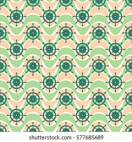 Vector seamless pattern with steering wheel, waves. Symmetrical green background, nautical theme. Graphic illustration. Template for wrapping, backgrounds, fabric, prints, decor, surface.