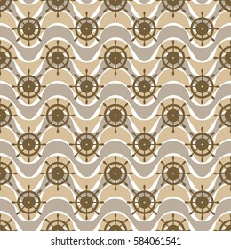 Vector seamless pattern with steering wheel, waves. Symmetrical brown background, nautical theme. Graphic illustration. Template for wrapping, backgrounds, fabric, prints, decor, surface.
