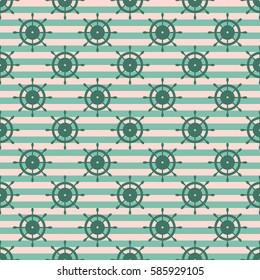 Vector seamless pattern with steering wheel, diagonal lines. Symmetrical background, nautical theme. Graphic illustration. Template for wrapping, backgrounds, fabric, prints, decor, surface