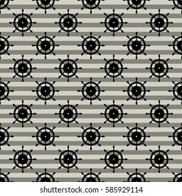 Vector seamless pattern with steering wheel, diagonal lines. Symmetrical background, nautical theme. Graphic illustration. Template for wrapping, backgrounds, fabric, prints, decor, surface