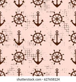 Vector seamless pattern Steering wheel, life preserver, anchor, Creative geometric vintage backgrounds, nautical theme Graphic illustration with attrition, cracks and ambrosia