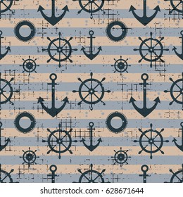 Vector seamless pattern Steering wheel, life preserver, anchor, horizontal lines Creative geometric vintage backgrounds, nautical theme Graphic illustration with attrition, cracks and ambrosia