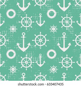 Vector seamless pattern Steering wheel, life preserver, anchor, Creative geometric vintage backgrounds, nautical theme Graphic illustration with attrition, cracks and ambrosia