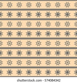 Vector seamless pattern with steering wheels. Symmetrical background, nautical theme. Graphic illustration. Template for wrapping, backgrounds, fabric, prints, decor, surface.