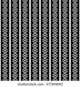 Vector seamless pattern with steering wheels. Symmetrical background, nautical theme. Graphic illustration. Template for wrapping, backgrounds, fabric, prints, decor, surface Black and white.