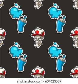 Vector Seamless Pattern With Stickers In Cartoon 80s-90s Comics Style. Hand Drawn Illustrations With Graffiti Symbols. Skull In Cap And Can With Paint Spray