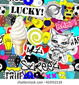 Vector seamless pattern stickers characters background, funny graffiti, street art style