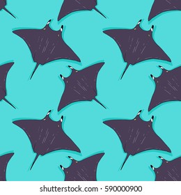 Vector seamless pattern with stingray, ray fish illustration. Animal in the wild - hand drawn sketch, marine life swimming animal wallpaper