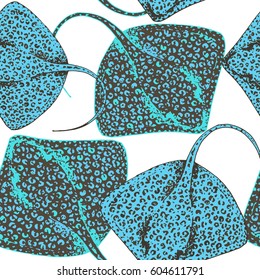 Vector seamless pattern with stingray, ray fish illustration. Animal in the wild - hand drawn sketch, marine life swimming animal wallpaper