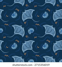 Nahtloses Vektormuster mit Stachelrochen und Meerestieren