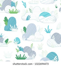 Vector seamless pattern of stones. Big rocks with grass and leaves on white. Nature boundless background. Flat illustration with outlined elements.