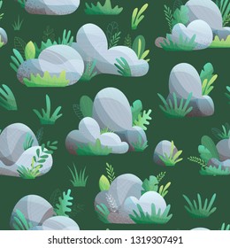 Vector seamless pattern of stones. Grey rocks with grass and leaves on dark green background. Flat illustration with modern noise texture, lights and shadows. Nature boundless background.