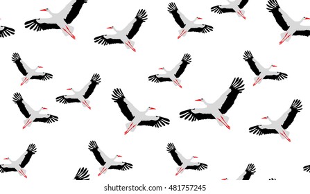 Vector seamless pattern of stork. The texture of the storks arranged in a random order