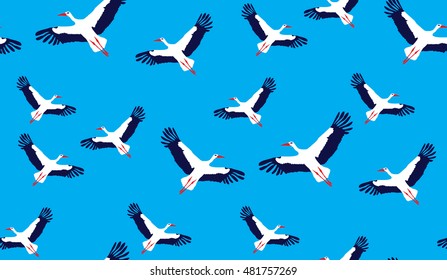 Vector seamless pattern of stork. The texture of the storks arranged in a random order