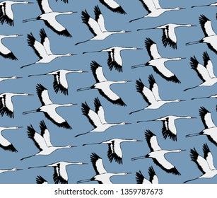 Vector seamless pattern with storks bird flying on blue sky background. Seamless with birds flying. Pattern for fabric, baby clothes, background, textile, wrapping paper and other decoration.