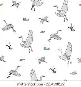 Vector seamless pattern with storks on white background
