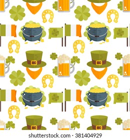 Vector seamless pattern for St.Patrick's day. Seamless St.Patrick's Day background with Irish elements: beer, shamrock, horseshoe, cauldron, golden coins, leprechaun's beard, hat, flag. Flat wallpaper