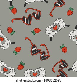 Vector seamless pattern with straberrys, cartoon hands and heart glasses in retro style. Hand drawn texture in doodle style.