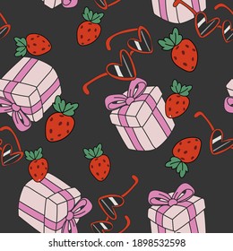 Vector seamless pattern with straberrys, gifts and heart glasses in retro style. Hand drawn texture in doodle style.