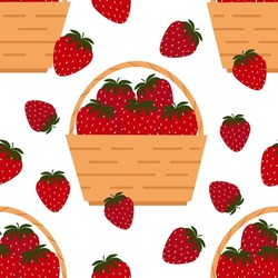 Vector Seamless Pattern With Straw Baskets With Strawberries In Cartoon Style