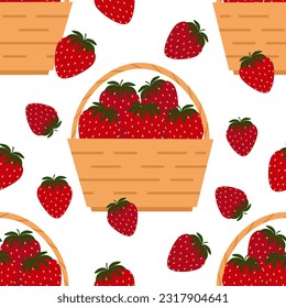 Vector seamless pattern with straw baskets with strawberries in cartoon style