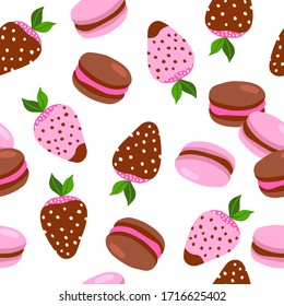 Vector seamless pattern of strawberries in chocolate and macarons with different tastes.  Sweets illustration. Dessert background. Cartoon style.