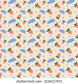 Vector seamless pattern with strawberries, clouds and flowers