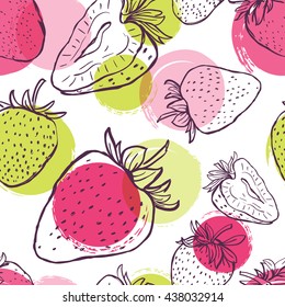 Vector seamless pattern with strawberries and colorful watercolor blots. Hand draw background with black and white linear berries. Design for fabric, textile print, wrapping paper. 