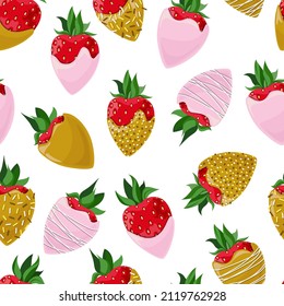 Vector seamless pattern of strawberries covered with golden and pink chocolate decorated with confectionery topping isolated on white background.