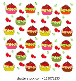 vector seamless pattern with strawberries and cup cakes