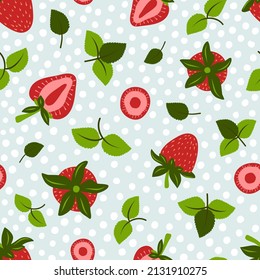 Vector seamless pattern with strawberries, cut srawberries and leaves on light blue background. Graphic stylized drawing.