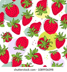 Vector seamless pattern with strawberries. For design logo, textile, menu card, pattern. EPS 10