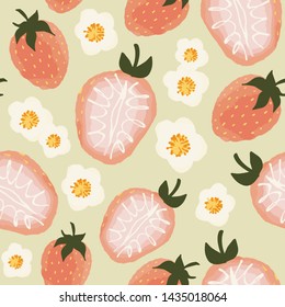 Vector seamless pattern of strawberries and flowers on pastel yellow background
