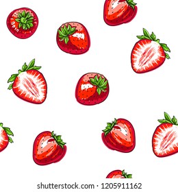 Vector seamless pattern with strawberries. Graphic stylized drawing.