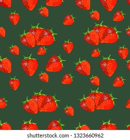 Vector seamless pattern with strawberries. Graphic stylized drawing. Red strawberry on a green background
